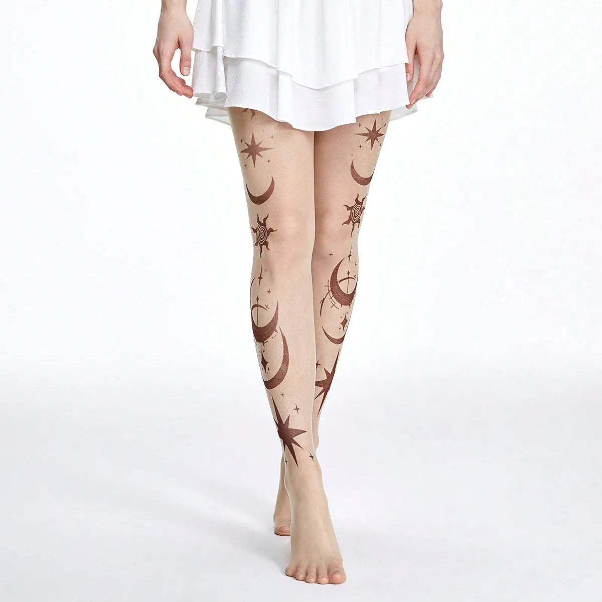 Star & Moon Print Tights | Sheer Patterned Pantyhose | Black & Nude