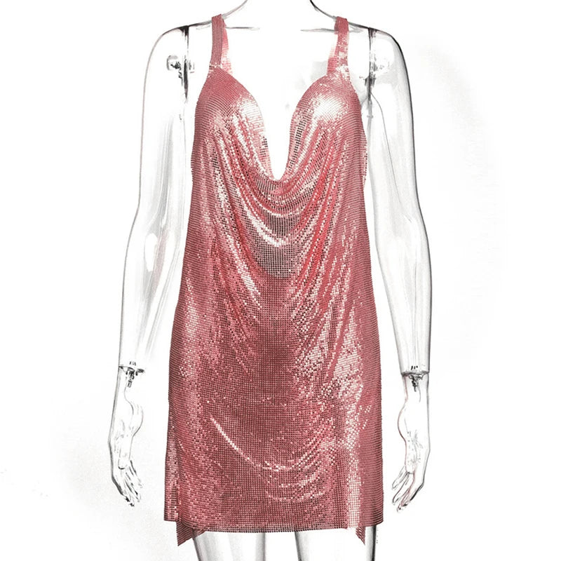 Sparkly Metal Sequin Halter Mini Dress - Backless Side Split Party Dress