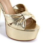 Gold Platform Sandal | Peep Toe Bow Knot | Chunky High Heel