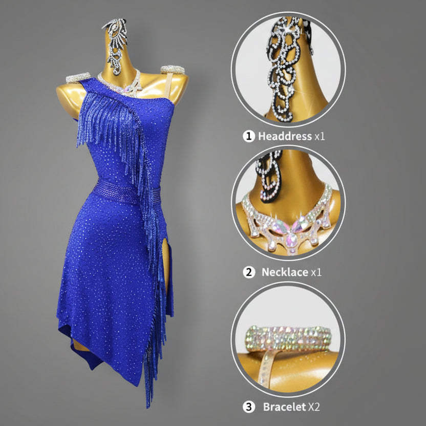 Blue Crystal Pattern Latin Dance Dress with Accessories Set — Competition & Stage