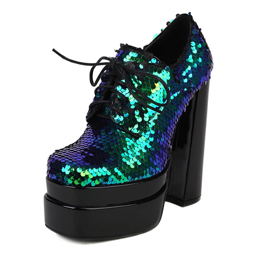 Platform Derby Heels | Sequin Sparkle | 14.5cm