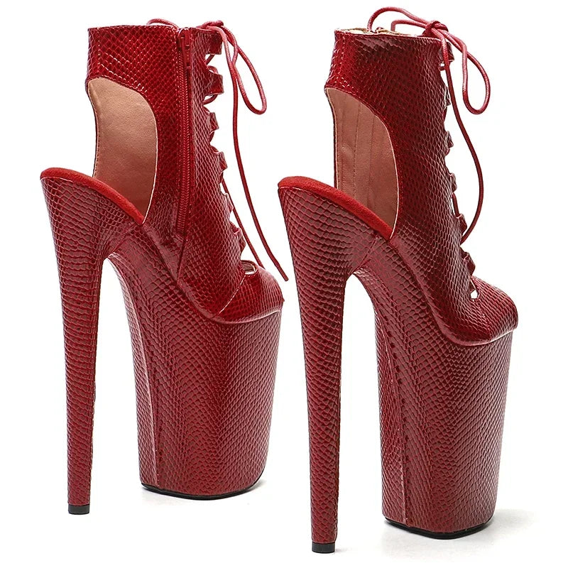 9-Inch Snake Print Ankle Boots - Open Toe Platform Dance Boots