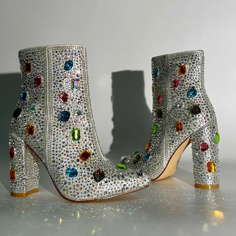 Rhinestone Ankle Boots | Bling Pointed Toe | Block Heel