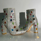 Rhinestone Ankle Boots | Bling Pointed Toe | Block Heel