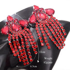 Crystal Rhinestone Tassel Drop Earrings | 12cm | Crystal, AB & Red