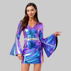 Women's Crystal 70s Disco Mini Dress - Metallic V-Neck Bodycon Costume