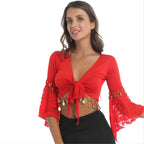 Coin & Bead Tassel Bolero | Bell Sleeve Belly Dance Shawl Top | 8 Colours | M–6XL