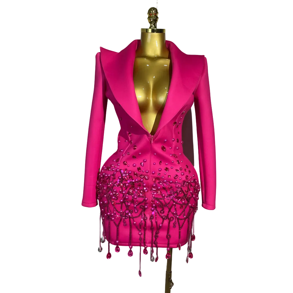 Deep V Blazer Mini Dress | Crystal Fringe Hem | Long Sleeve