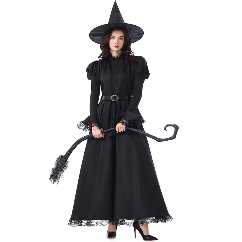 Gothic Witch Costume Set | Lace Dress, Hat & Belt | Halloween