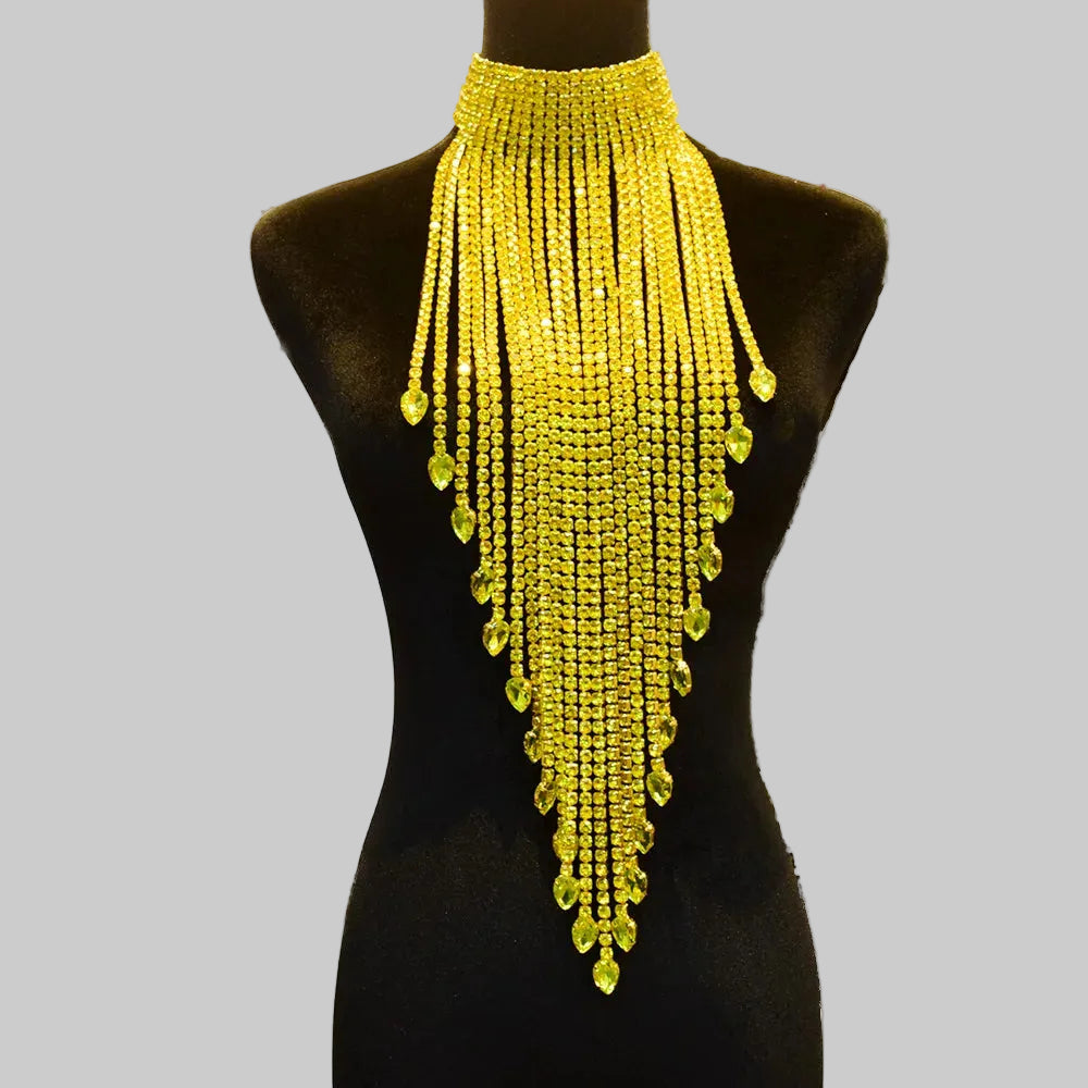 Rhinestone Choker Necklace - Long Tassel Crystal Statement Necklace