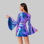 Women's Crystal 70s Disco Mini Dress - Metallic V-Neck Bodycon Costume