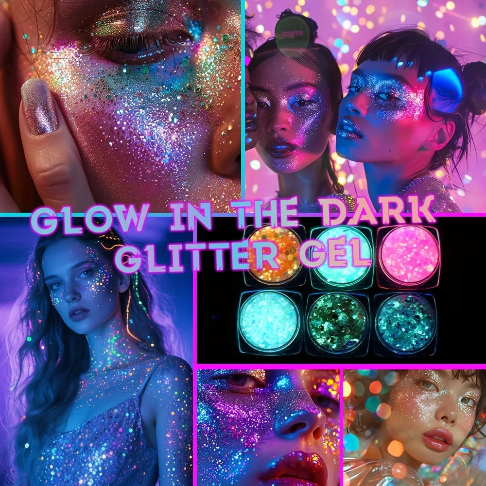 Glow-in-the-Dark Chunky Glitter Gel Set | 6pcs Body Glitter
