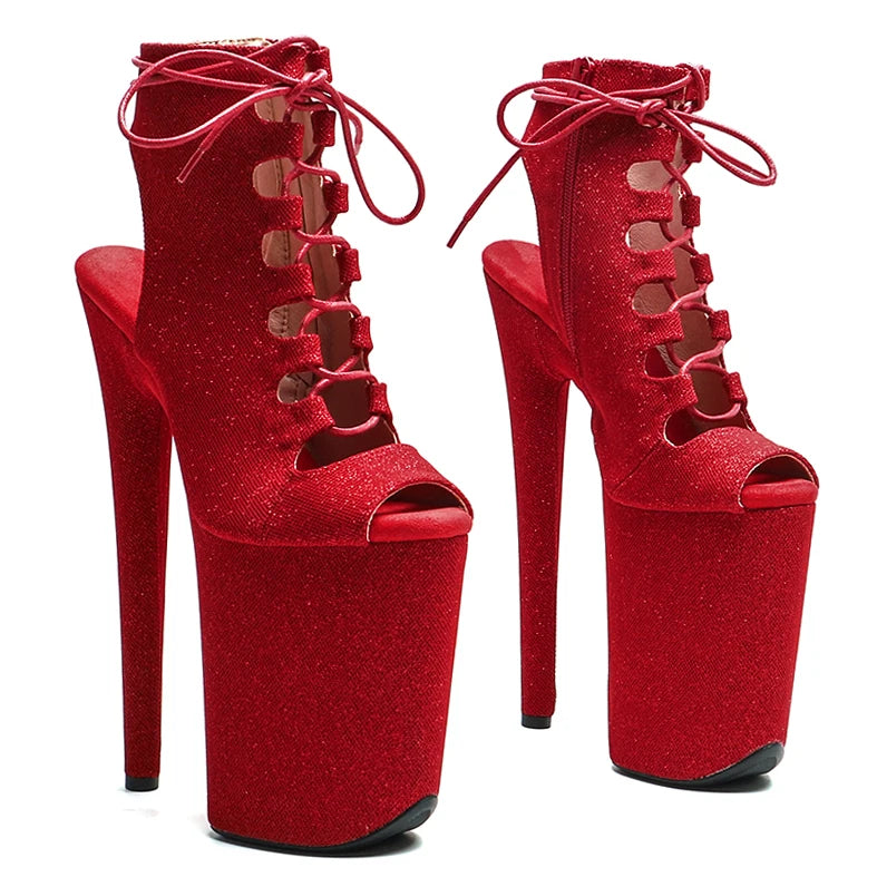 Glitter Platform Open-Toe Ankle Boots - 9 Inch Pole Dance Heels