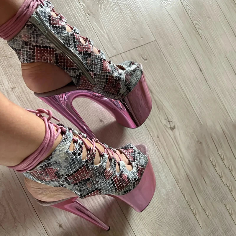 20CM Platform Ankle Boots - Snake Print High Heel with Chrome Platform Base