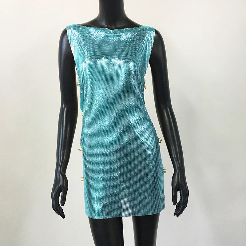 Metallic Sequin Mini Dress - Backless Sheer Party Dress