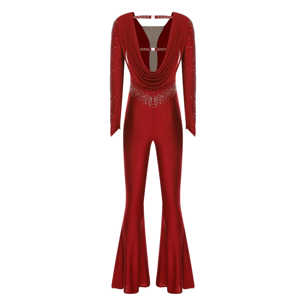 Women's Rhinestone Bell-Bottom Dance Jumpsuit | Deep V-Neck & Ruched Mesh | Latin & Performance