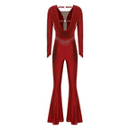 Women's Rhinestone Bell-Bottom Dance Jumpsuit | Deep V-Neck & Ruched Mesh | Latin & Performance