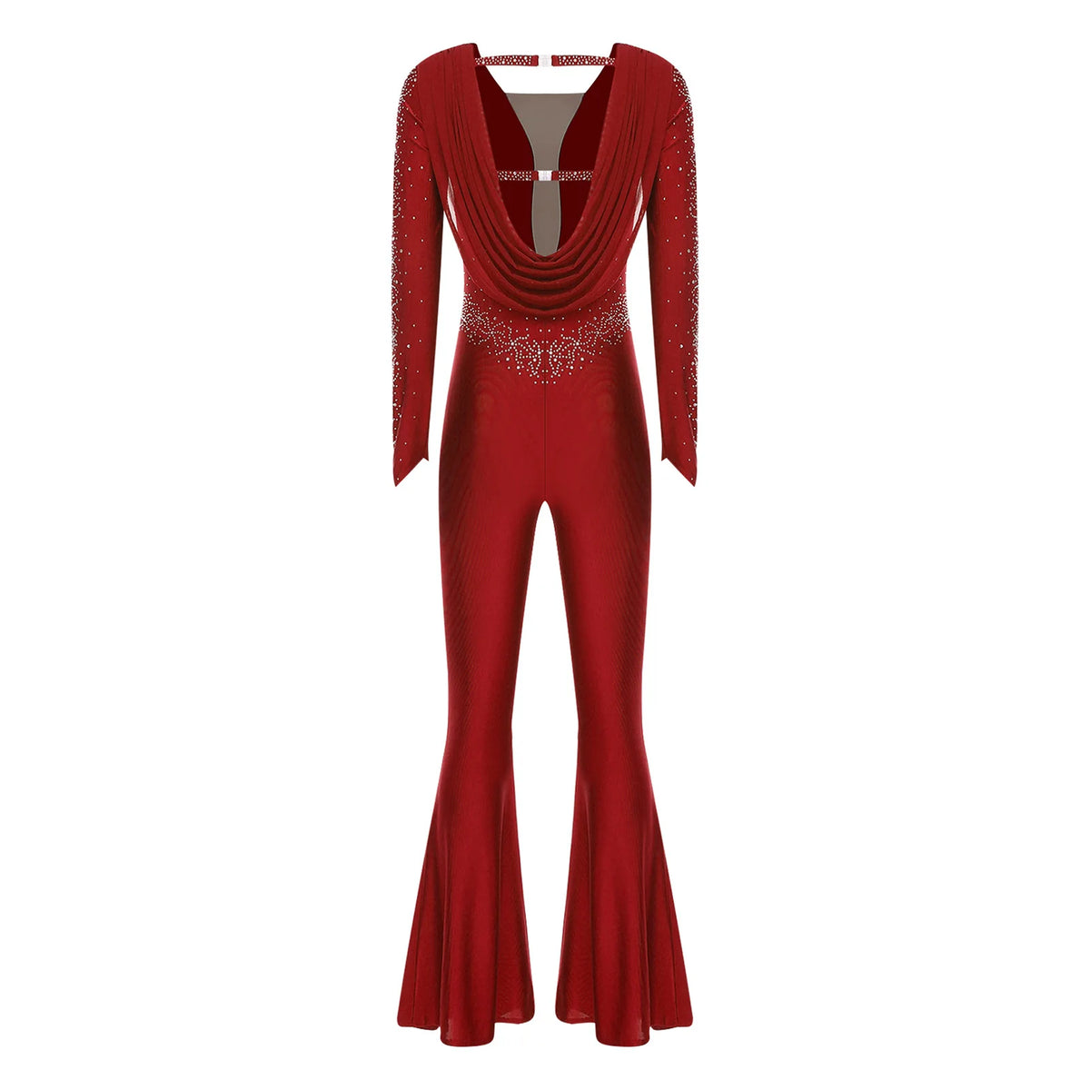 Women's Rhinestone Bell-Bottom Dance Jumpsuit | Deep V-Neck & Ruched Mesh | Latin & Performance