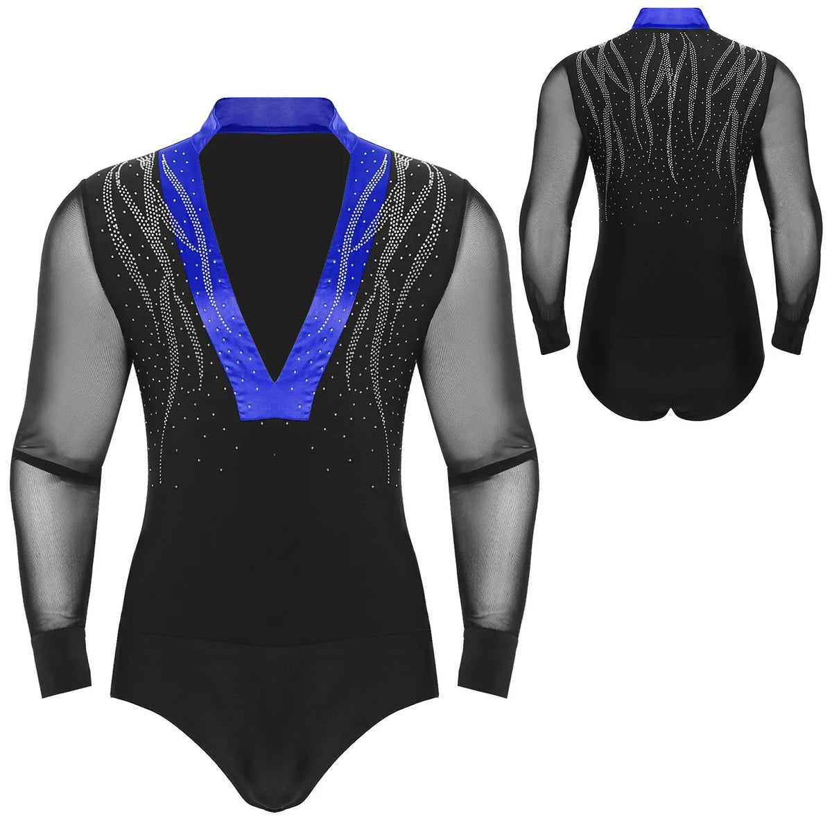 Men's Sheer Mesh Long Sleeve Bodysuit | Deep V Rhinestone | Latin Ballroom Dance