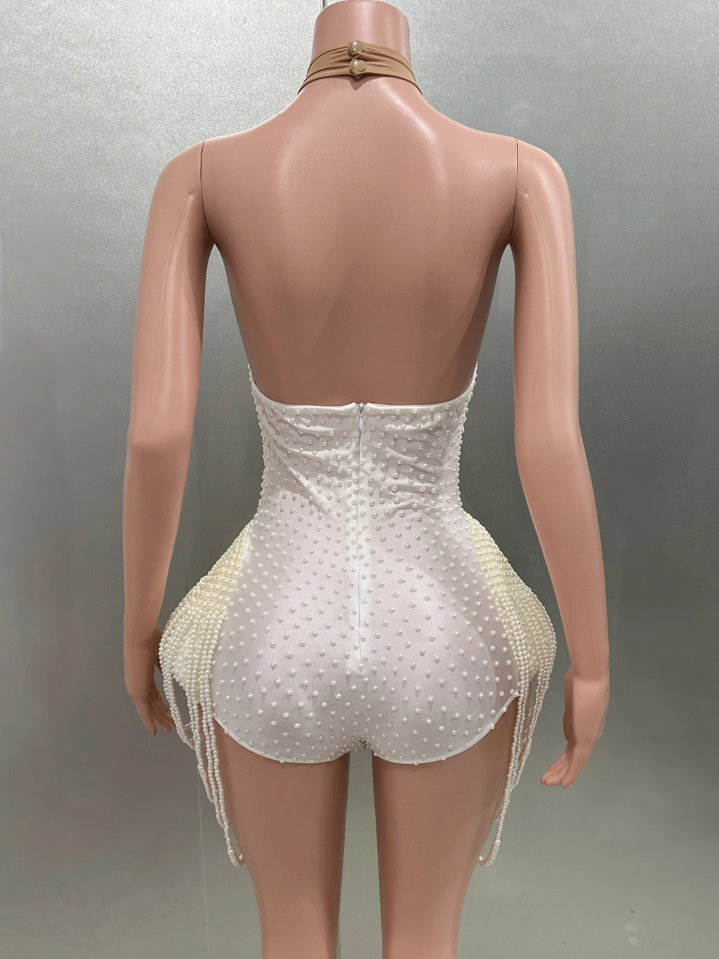 Pearl Beading Halter Bodysuit - Luxury Backless Performance Wear for Singers & Dancers