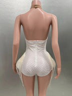 Pearl Beading Halter Bodysuit - Luxury Backless Performance Wear for Singers & Dancers