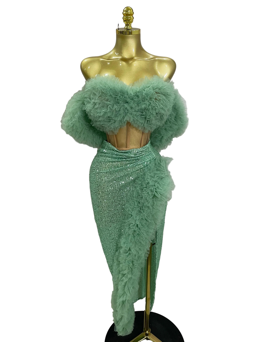 Feather Trim Two-Piece Set | Off-Shoulder Top & Slit Skirt | Stage