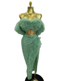 Feather Trim Two-Piece Set | Off-Shoulder Top & Slit Skirt | Stage