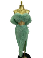 Feather Trim Two-Piece Set | Off-Shoulder Top & Slit Skirt | Stage
