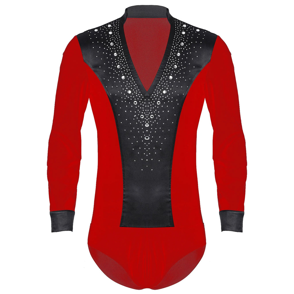 Men's Rhinestone Dance Leotard | V-Neck & Long Sleeve | Satin Patchwork