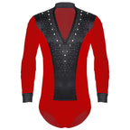 Men's Rhinestone Dance Leotard | V-Neck & Long Sleeve | Satin Patchwork