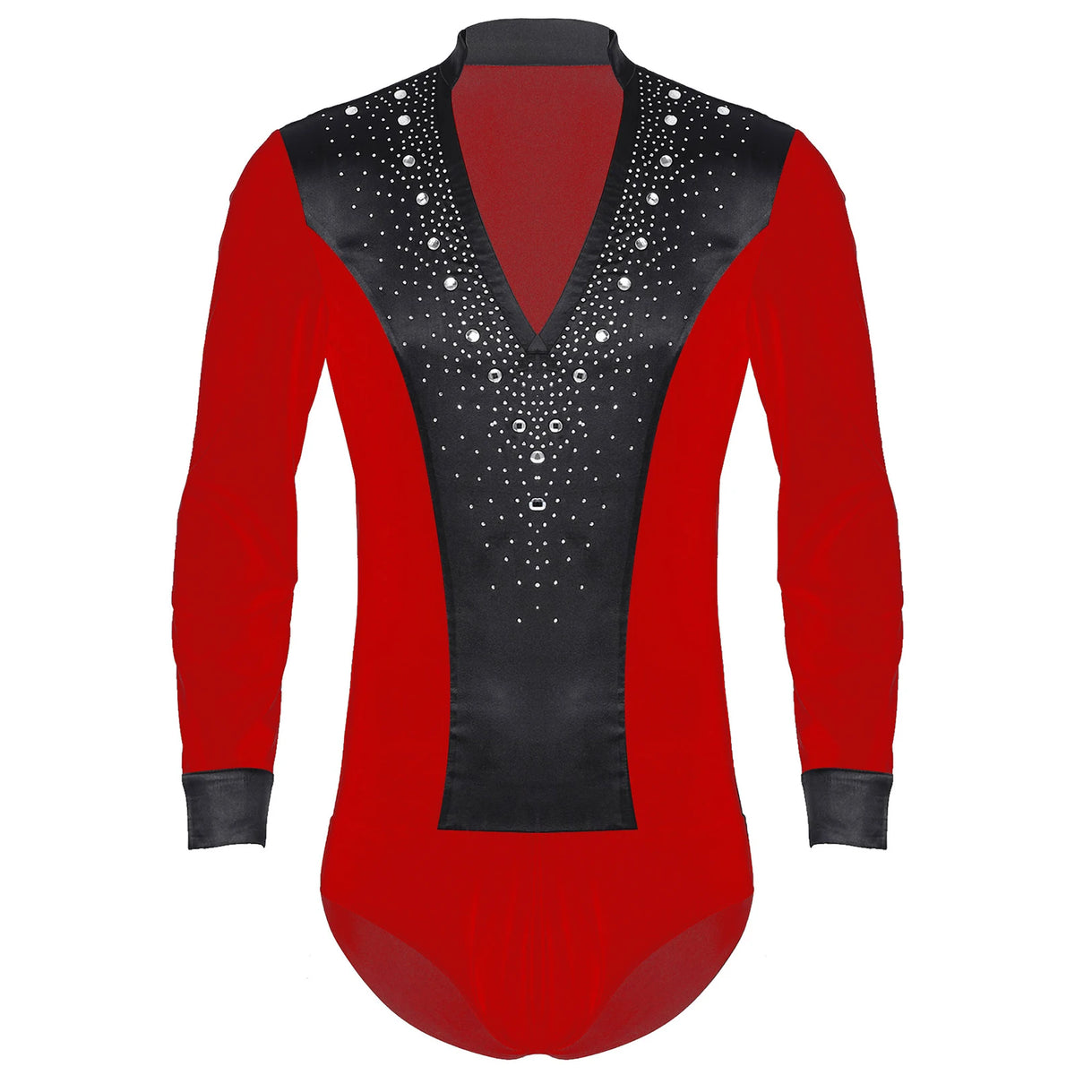 Men's Rhinestone Dance Leotard | V-Neck & Long Sleeve | Satin Patchwork