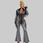 Black & White Stripes Tassel Flared Pants Coat – 2 Piece Stage Outfit