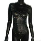 Rhinestone Fishnet Swimsuit Cover-Up - V-Neck See-Through Bodysuit
