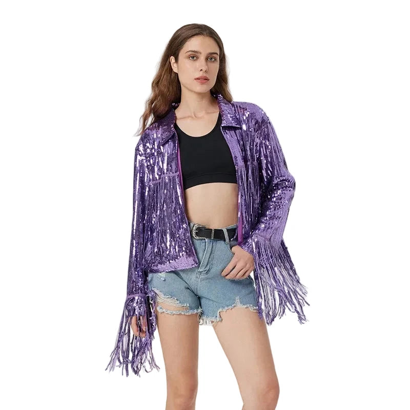Purple Sequin Fringe Open-Front Jacket | Festival & Western | M–L