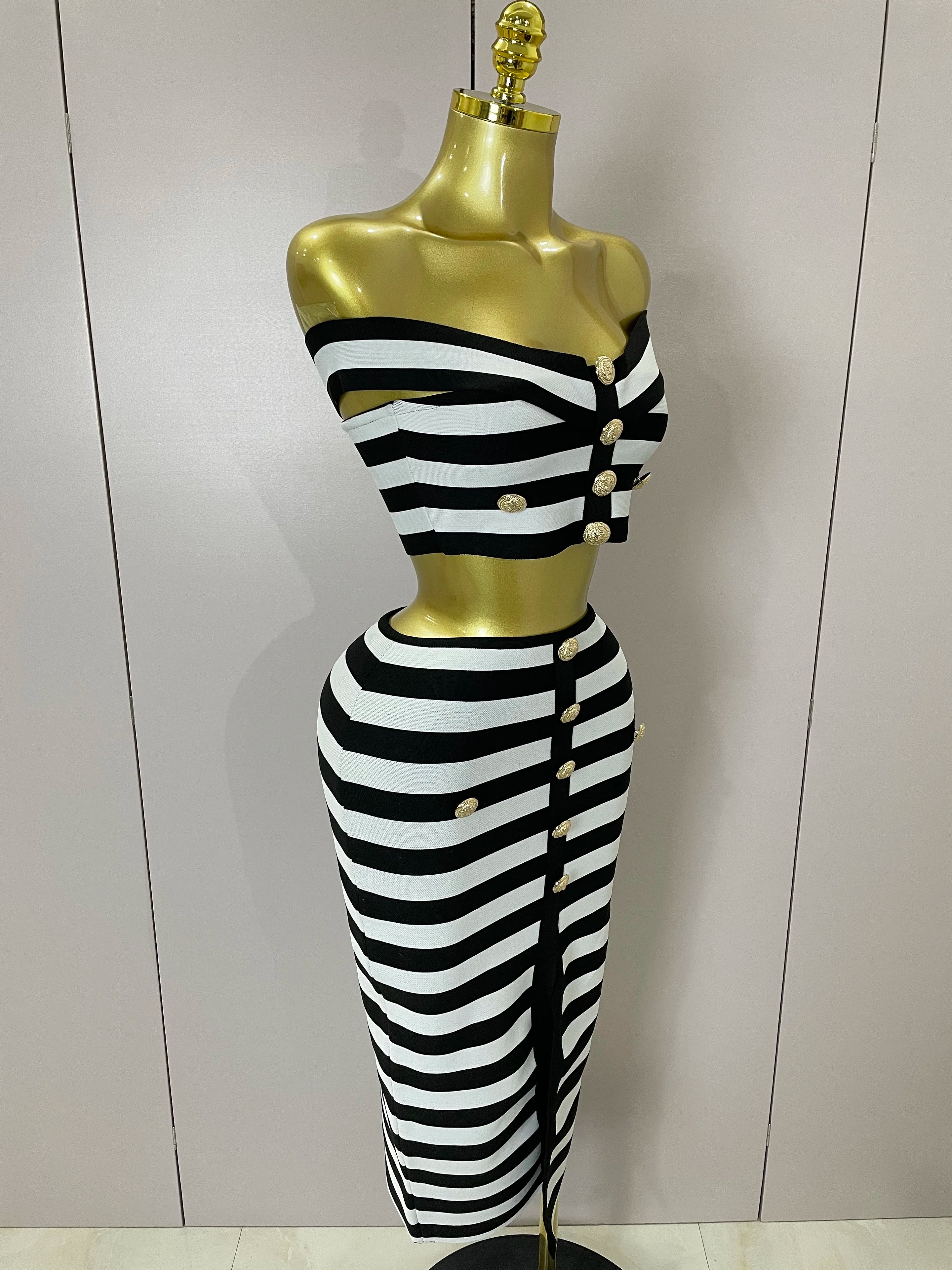 Stripe Button Two-Piece Set | Crop Top & Skirt | Stage