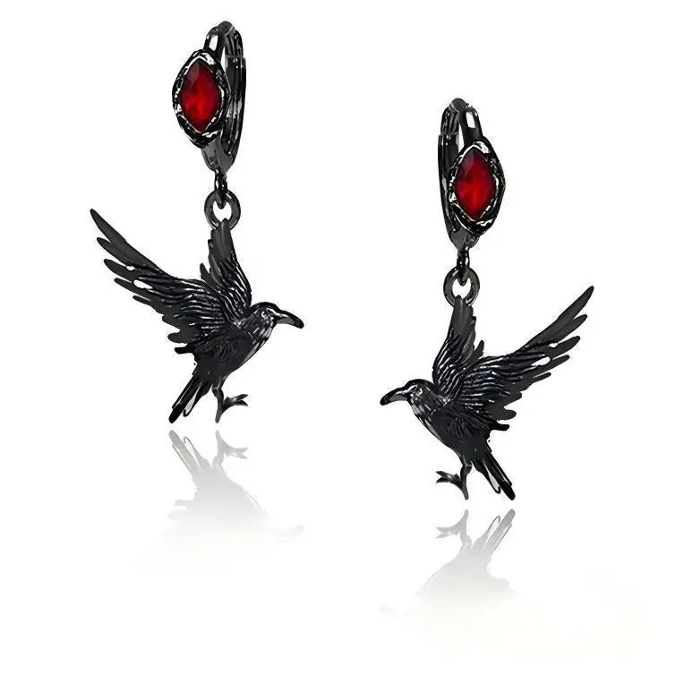 Crow Earrings | Black Wings & Red