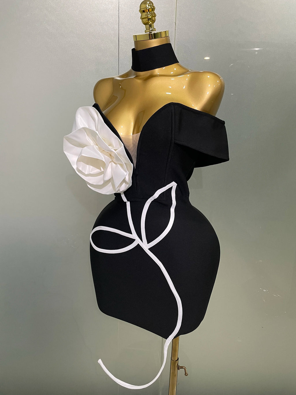 Off-Shoulder Bandage Mini Dress | 3D Rose Appliqué | Black