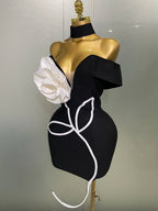 Off-Shoulder Bandage Mini Dress | 3D Rose Appliqué | Black