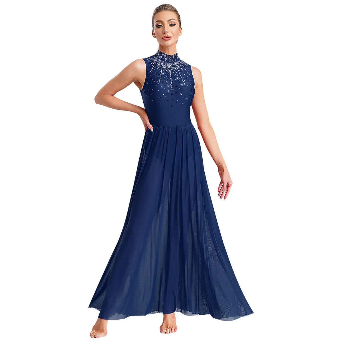 Women's Rhinestone Halter Lyrical Dance Dress | Irregular Mesh Ruffle Hem | Competition & Performance