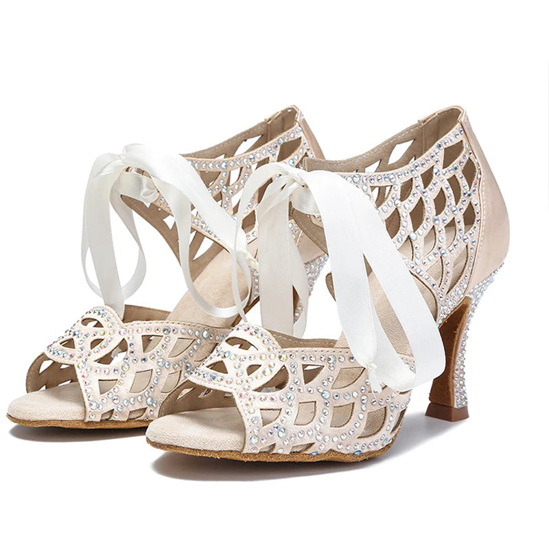 Cut-Out Lace-Up Latin Dance Sandals | Cuban Heel | 6–10cm | White, Black & Nude