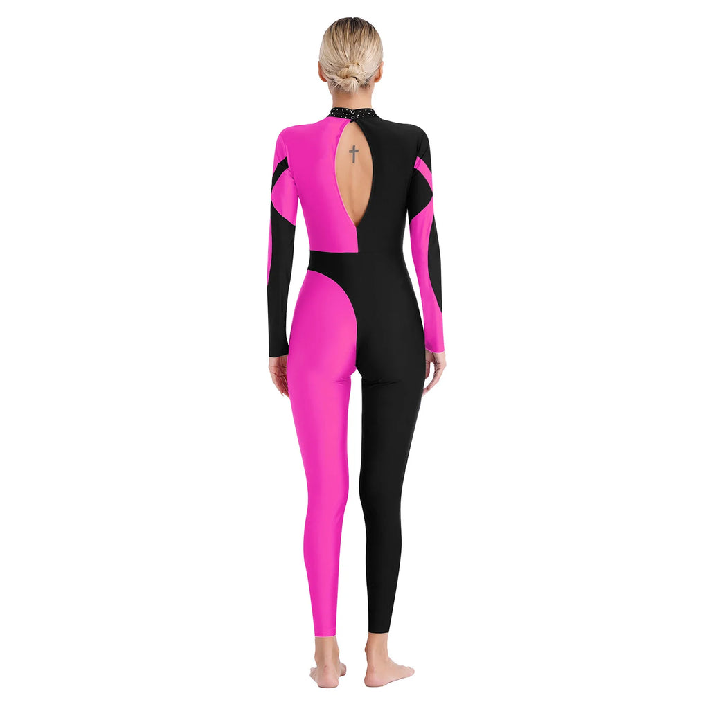 Rhinestone Jumpsuit | Color Block | Long Sleeve
