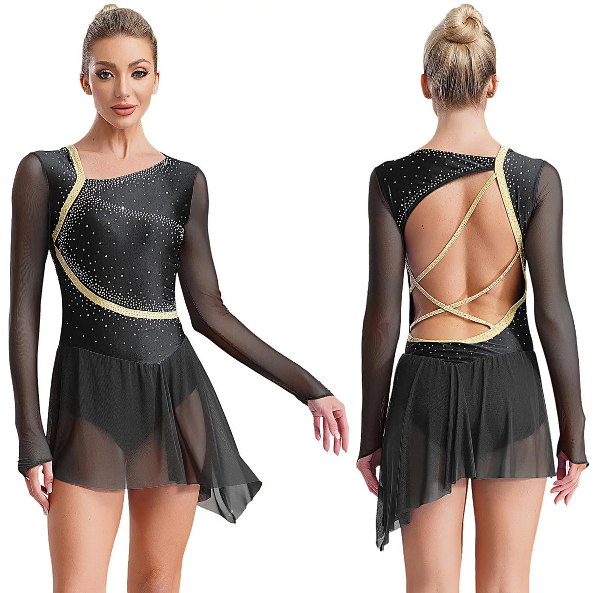 Rhinestone Mesh Skating Dress | Long Sleeve | Backless