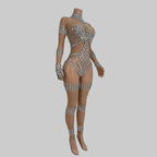Crystal Rhinestone Mesh Jumpsuit - Sheer Performance Catsuit for Stage & Dance