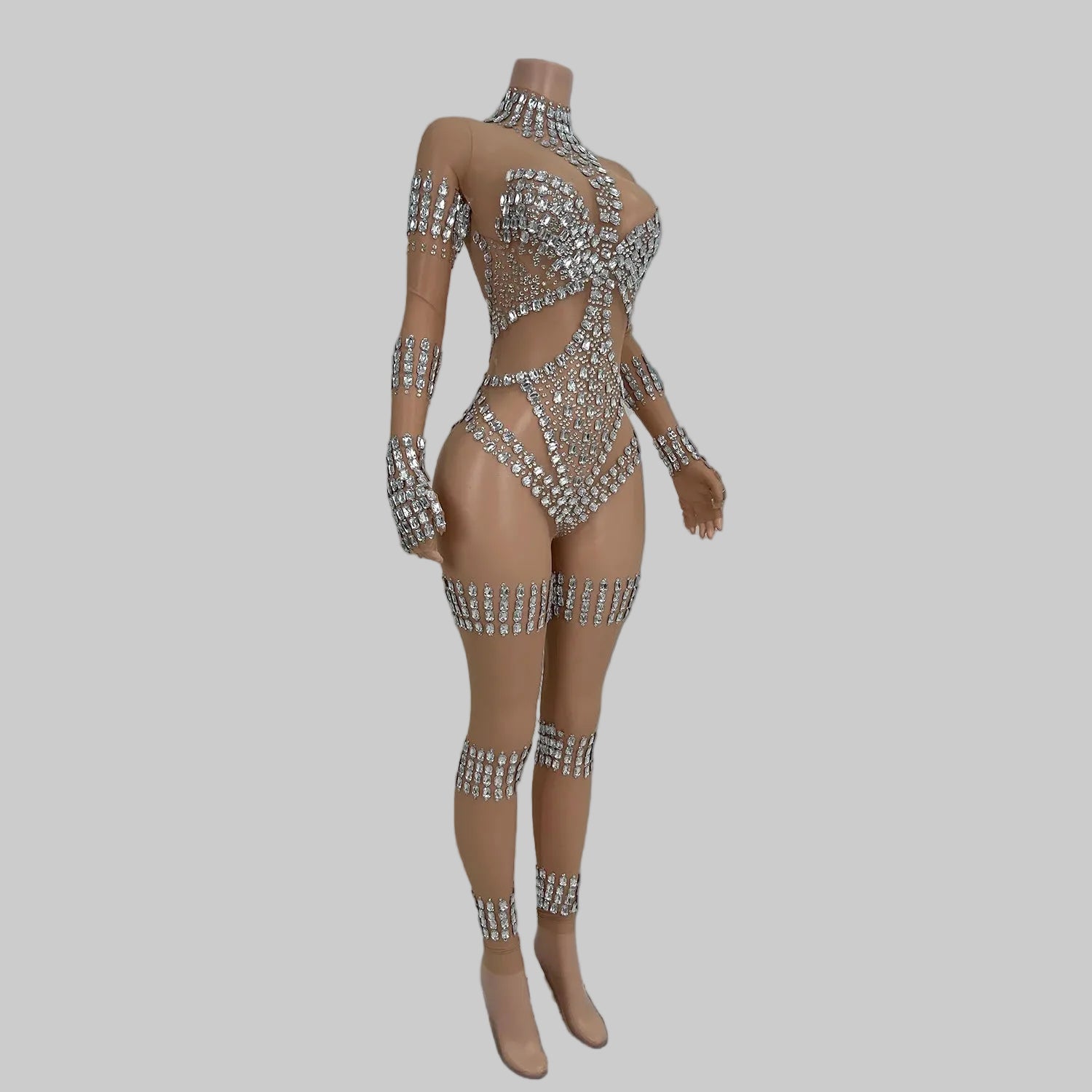 Crystal Rhinestone Mesh Jumpsuit - Sheer Performance Catsuit for Stage & Dance