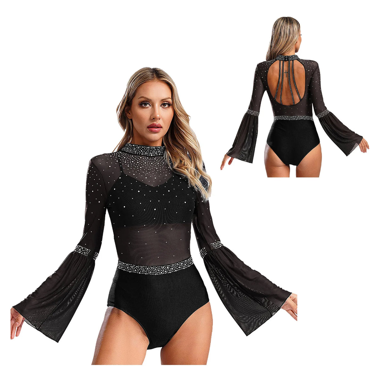 Celeste Rhinestone Flare-Sleeve Bodysuit