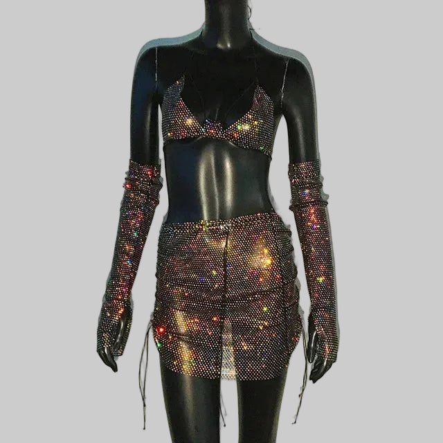 Rhinestone Three-Piece Set - Backless Crop Top, Skirt & Sleeves