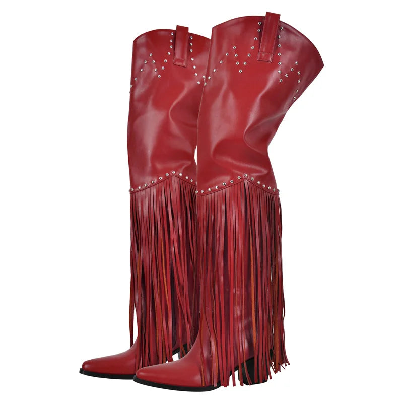 Thigh-High Fringe Boots | Chunky Heel | Pointed Toe