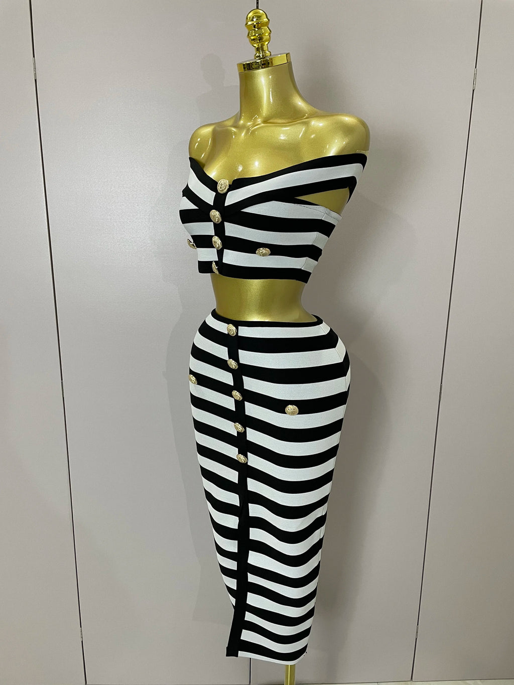 Stripe Button Two-Piece Set | Crop Top & Skirt | Stage