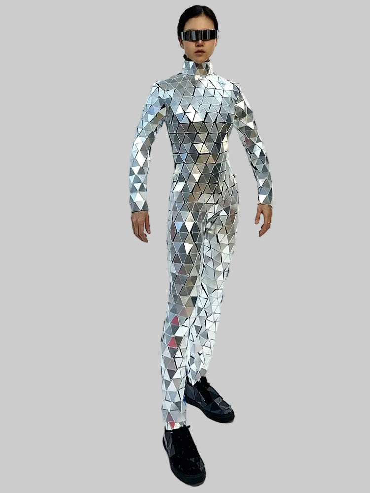 Silver Mirror Stage Costume - Futuristic Long Sleeve Bodysuit for Gogo Dancers & Showgirls