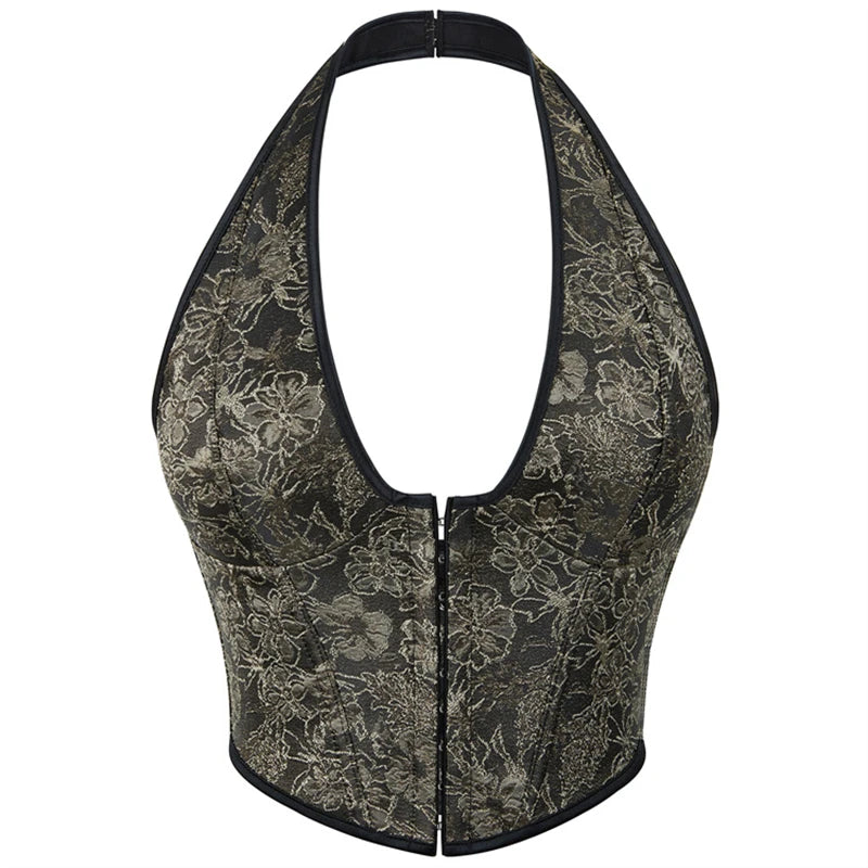 Gothic Halter Corset Top | Floral Jacquard | Zip Front